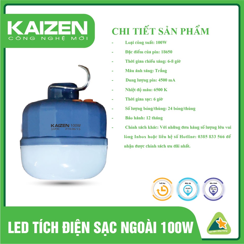 Bóng Đèn Led Tích Điện Sạc Ngoài KAIZEN Có Móc Treo Không Dây, Chip Led Thông Minh 50W