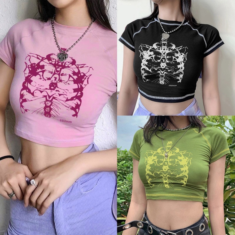 Áo Thun Tay Ngắn Cổ Tròn In Hình Bộ Xương Phong Cách Harajuku Vintage Dành Cho Nữ