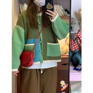 Hàng Sẵn_ Áo khoác len dệt kim  thiết kế khâu đắp màu retro Hadu shop