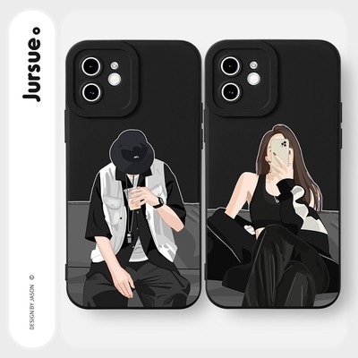 Ốp điện thoại JURSUE đen in hoạt hình thích hợp cho iPhone 16 15 14 13 12 11 Pro Max SE 2020 X XR XS ip 8 7 Plus Y2208