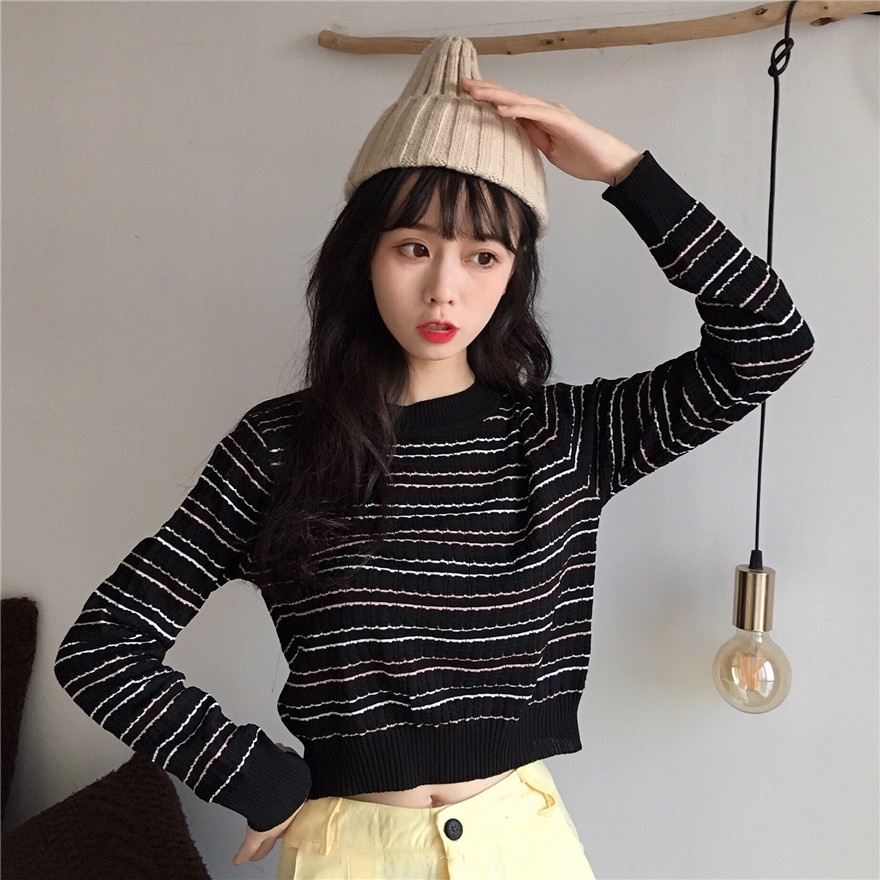 ZHELIHANGFEI Áo Len Tay Dài Họa Tiết Kẻ Sọc Thời Trang Dễ Phối Đồ Cho Nữ