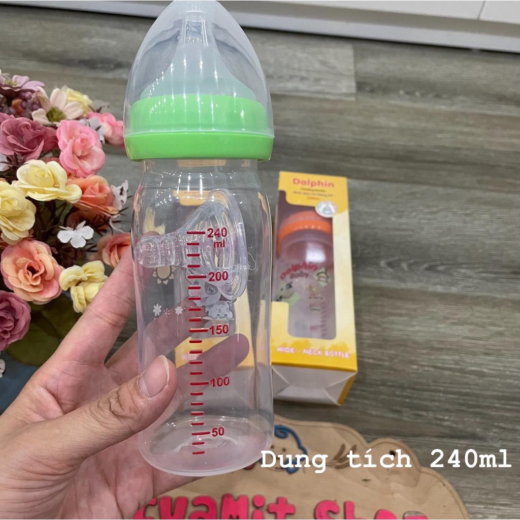 [Tặng kèm 1 núm] Bình sữa cổ rộng Dolphin 160ml, 240ml cho bé