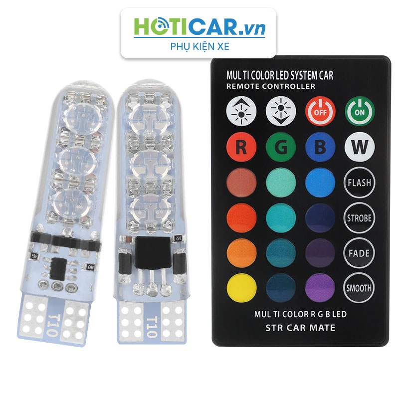 Bộ 2 đèn LED demi, Đèn trần, Đèn cốp, Đèn đồng hồ taplo T10 đổi màu RGB kèm điều khiển T10RGB