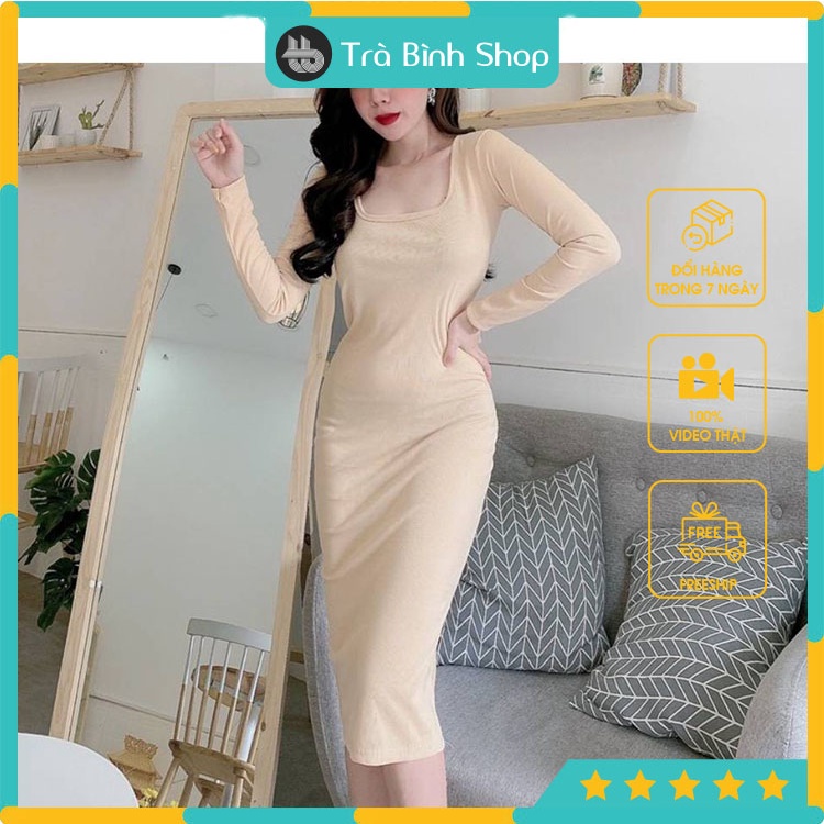 Váy Len Tăm Body Dáng Dài Cổ Vuông Đầm Len Cổ Vuông Quyễn Rũ Sang Trọng