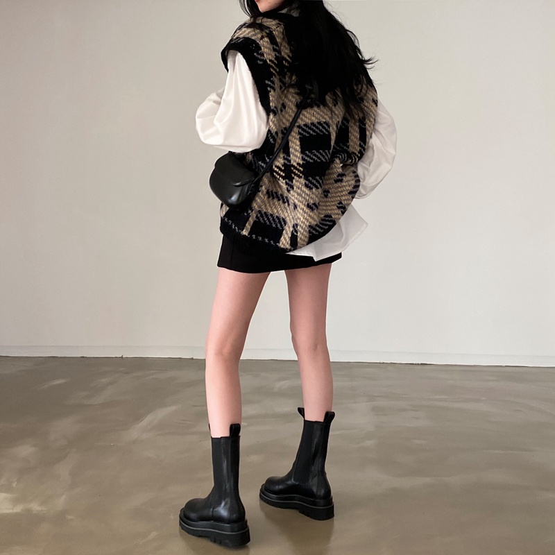 Áo Sweater không tay cổ chữ V form rộng họa tiết sọc caro thời trang mùa thu