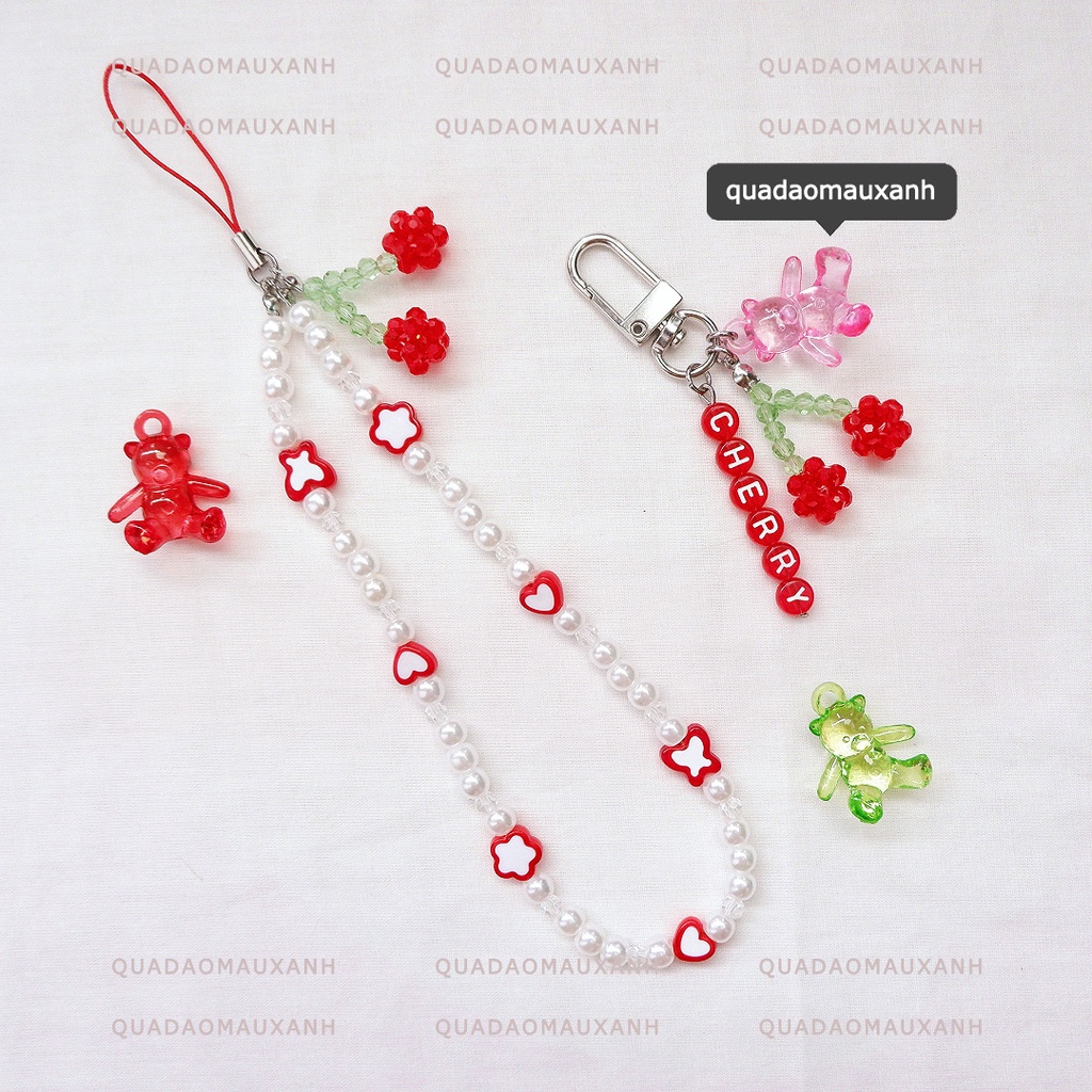 Dây chuỗi treo điện thoại hạt trai, móc khóa quả Cherry màu đỏ lấp lánh thay tên theo yêu cầu phone strap #Quadaomauxanh