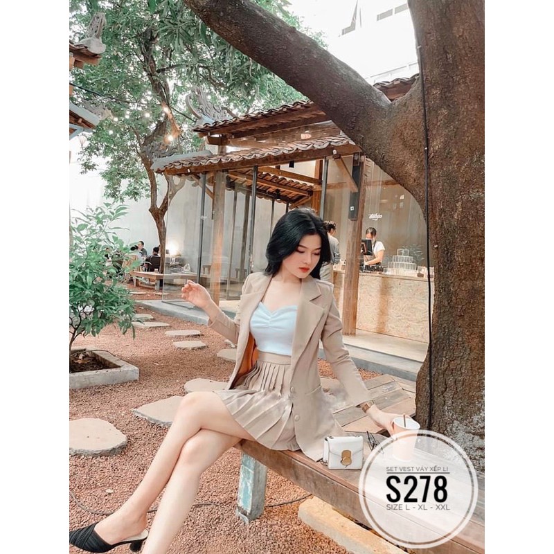 Bigsize Set vest váy xếp li S278