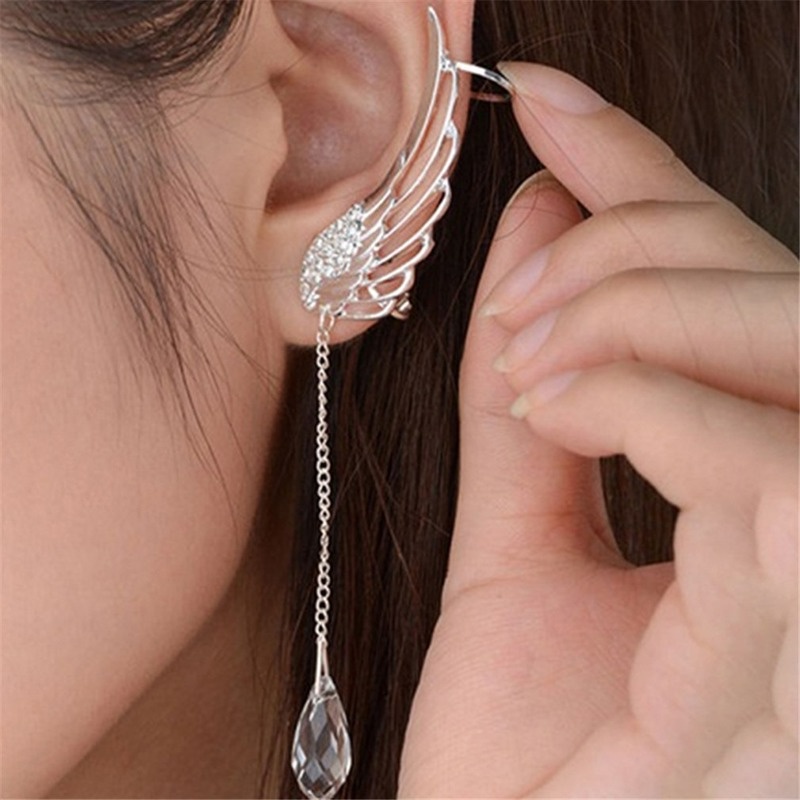 1 đôi bông tai dáng dài hình cánh thiên thần đính đá pha lê thanh lịch cho cô dâu