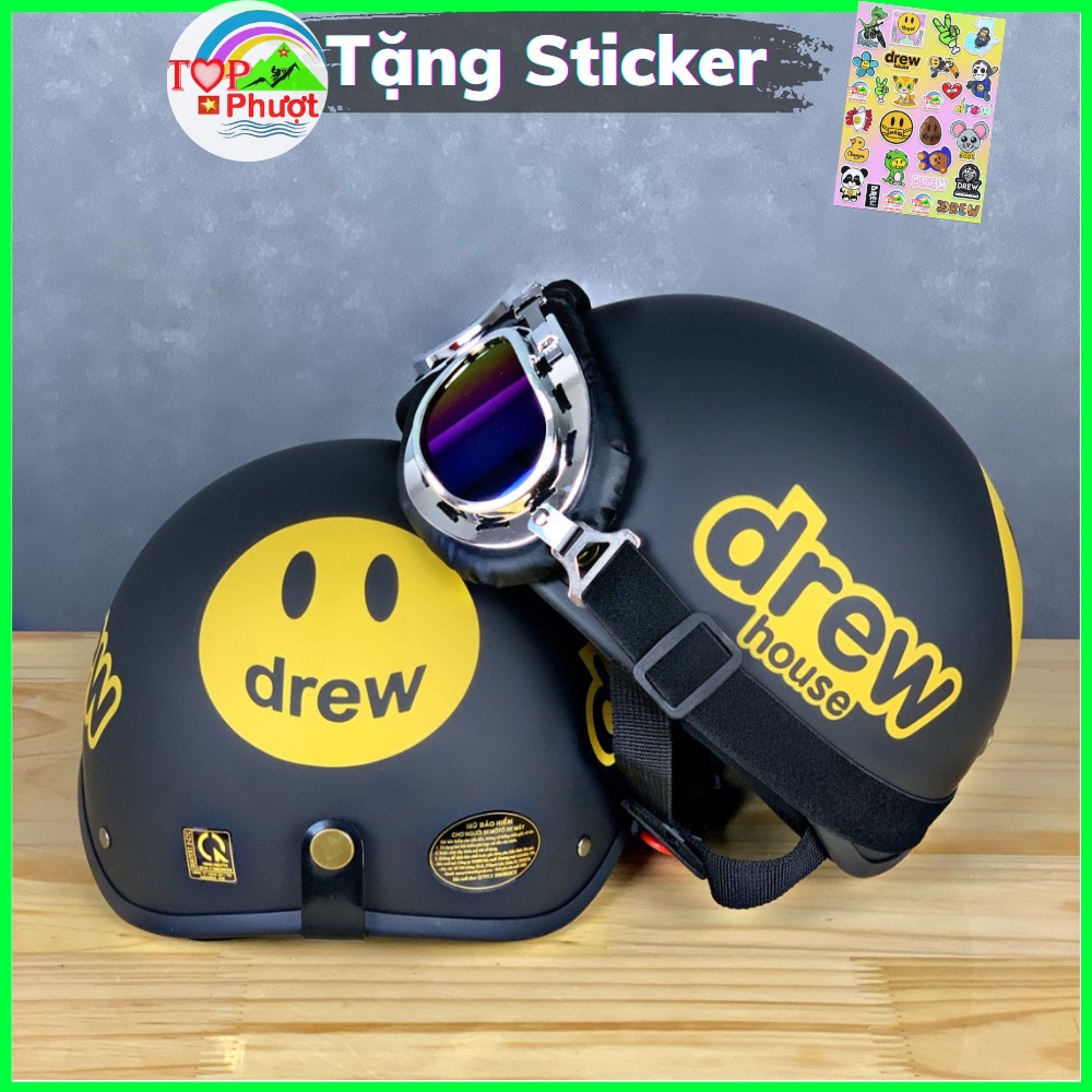 Mũ bảo hiểm nửa đầu tem Drew, nón bảo hiểm cute cao cấp xinh xắn, có kèm kính