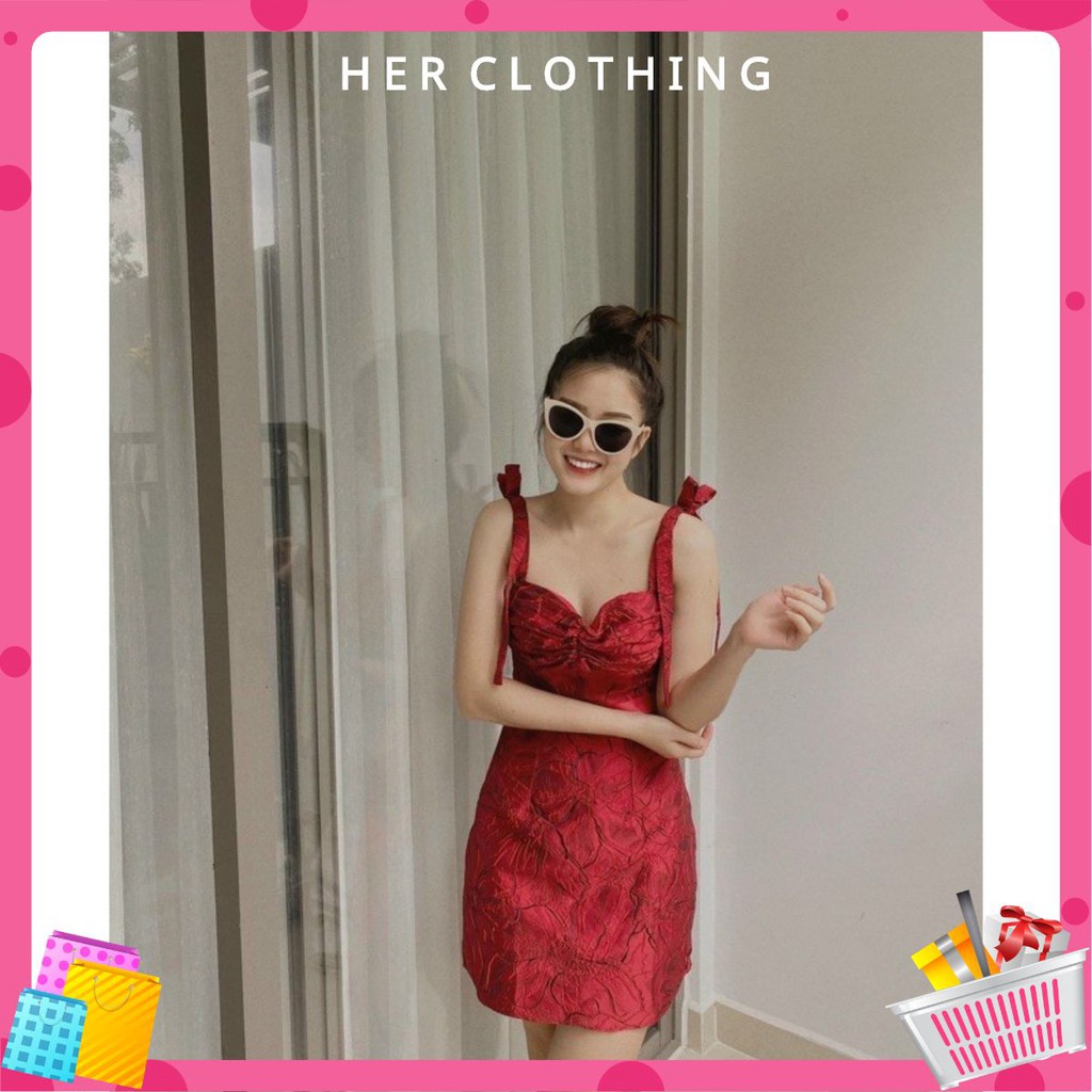 Đầm thiết kế đầm gấm đỏ 2 dây màu đỏ mặc dự tiệc dạo phố siêu dễ thương chất vải gấm dày dặn tôn dáng[ GẤM 2S]