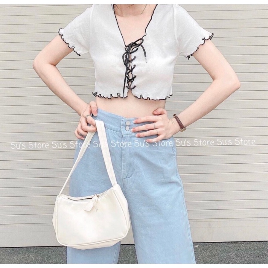 Áo Croptop Viền Chỉ Cổ V Phối Dây Cột | Áo croptop cột nơ - | [Ảnh thật cuối]  | steven.factory