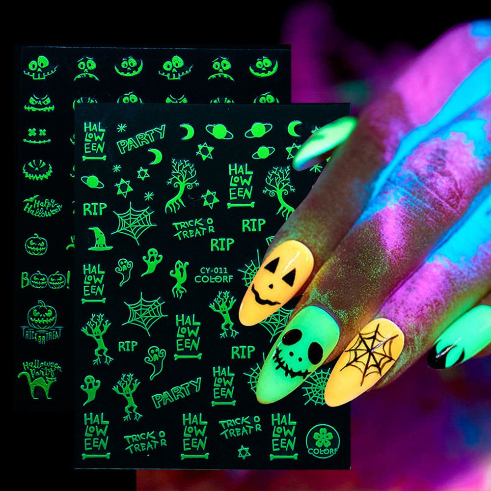 (Hàng Mới Về) Miếng Dán Trang Trí Móng Tay Họa Tiết Halloween 3D Dạ Quang Diy