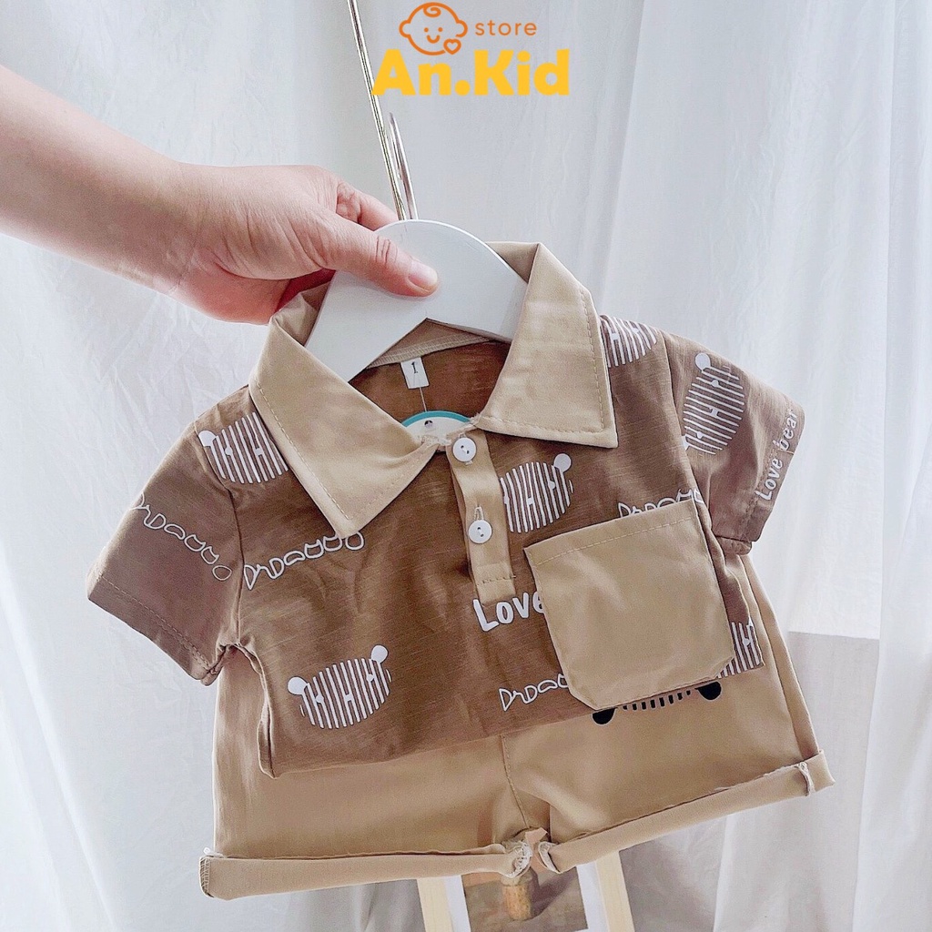 Bộ Cộc Tay Bé Trai 10-20kg Áo Polo Cotton QC Quần Thô Mềm Hình Gấu, Bộ Đồ Bé Trai Mặc Nhà - AN.KID