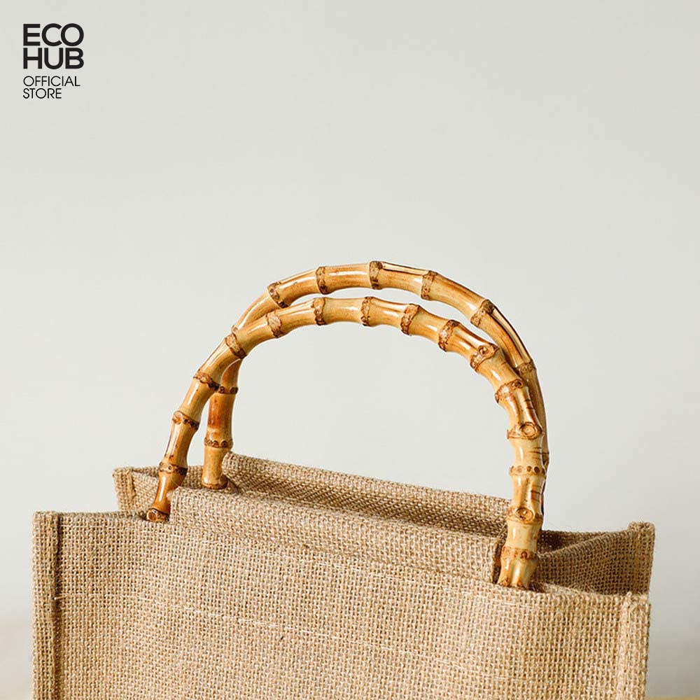 Túi vải trơn ECOHUB vintage quai xách bằng tre thân thiện/phong cách thời trang hiện đại sang trọng.