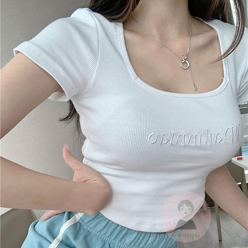 DRE-Women´s Summer Short T-shirt,Letter Embroidery Square Neck Short Sleeve Knitted Cropped Navel  T-shirt