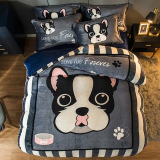 set chăn ga gối nỉ nhung 3D cao cấp chó xám xanh