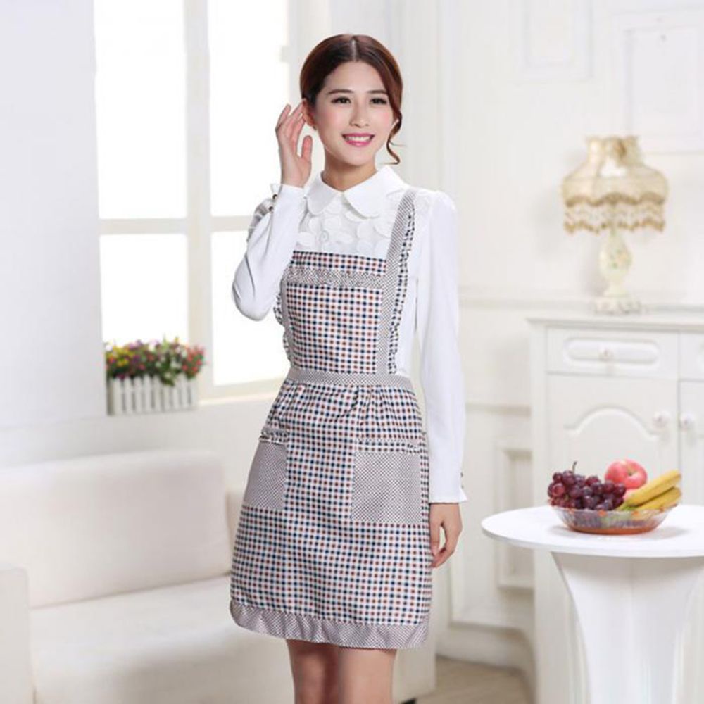 Tạp dề vải dày hai lớp chống thấm nước chống dầu họa tiết kẻ ô có túi tiện lợi cho nữ