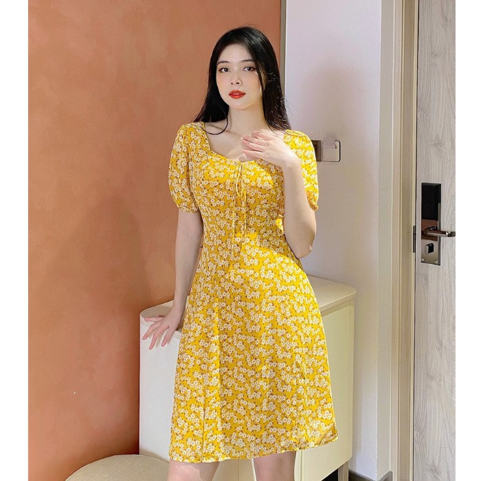 Váy hoa nhí cổ vuông nơ ngực chun tay Zym's House - LT140