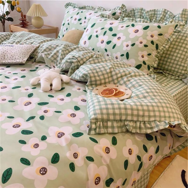 [Giá rẻ] Set Chăn Ga Cotton Poly Hoa Bốn Cánh Trắng Ga Kẻ Xanh Siêu Sang _Shinbedding_