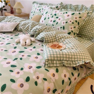 [Giá rẻ] Set Chăn Ga Cotton Poly Hoa Bốn Cánh Trắng Ga Kẻ Xanh Siêu Sang _Shinbedding_