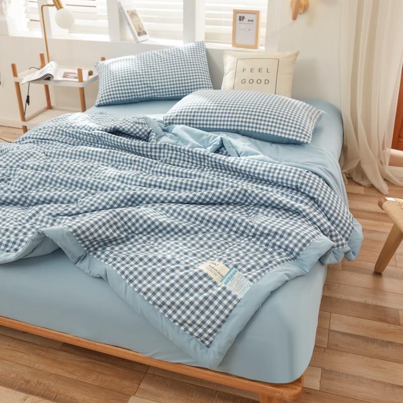 Bộ Chăn Ga Gối Caro Xanh Dương Cotton Tici Chăn Chần Bông Nhập Khẩu