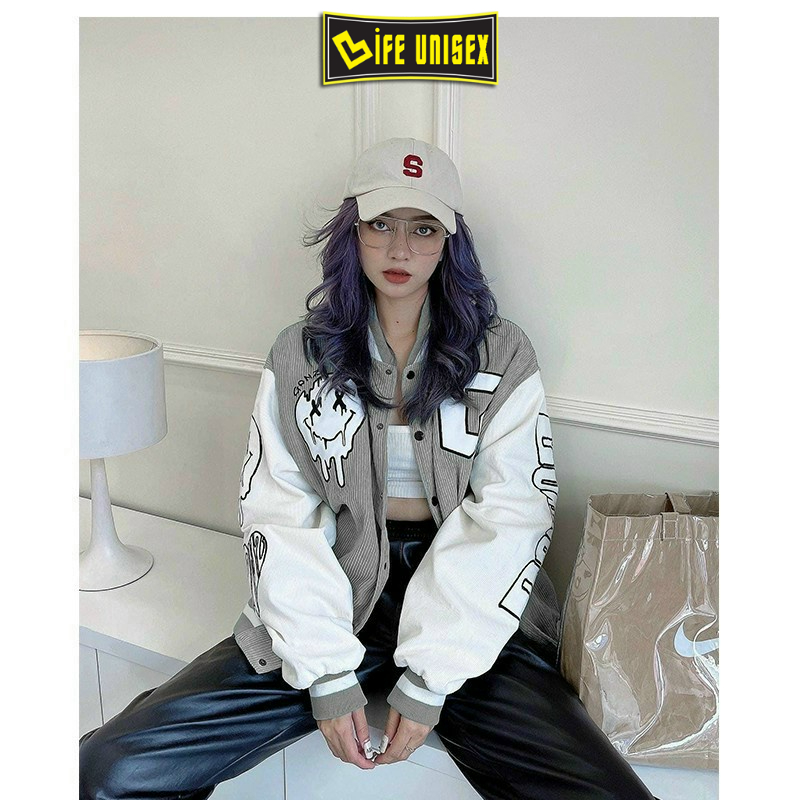 Áo Khoác Bomber Nhung Tăm GONZ Nam Nữ Ulzzang Unisex Có Nút, Áo Khoác Nhung Form Rộng LIFE UNISEX