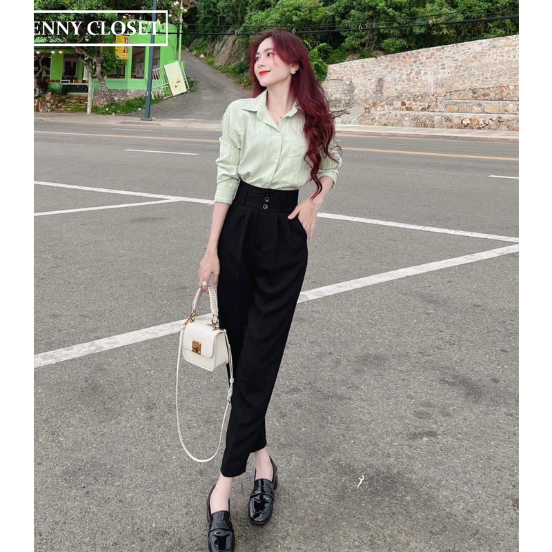 Quần tây baggy nữ cạp cao phối 3 khuy cài ống đứng khoá thật chất tuyết mưa màu đen kem mặc đi học làm công sở đẹp