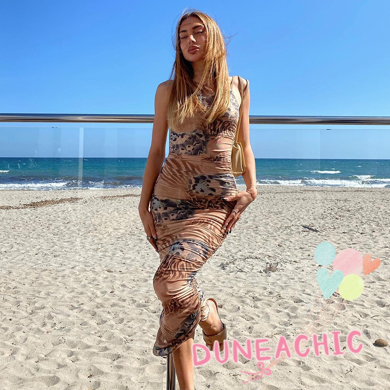 DUNEA Đầm Sát Nách Cổ Tròn In Hình Nghệ Thuật Thời Trang Đi Biển Trẻ Trung Cho Nữ