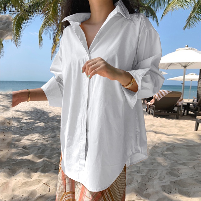 Áo sơ mi nữ ZANZEA dài tay màu trơn phong cách Hàn Quốc