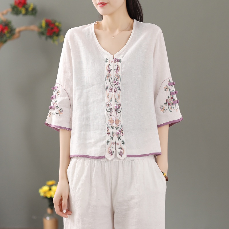 Áo Sơ Mi Tay Lửng Cổ Chữ v Phong Cách Dân Tộc Cổ Điển Thời Trang Cho Nữ