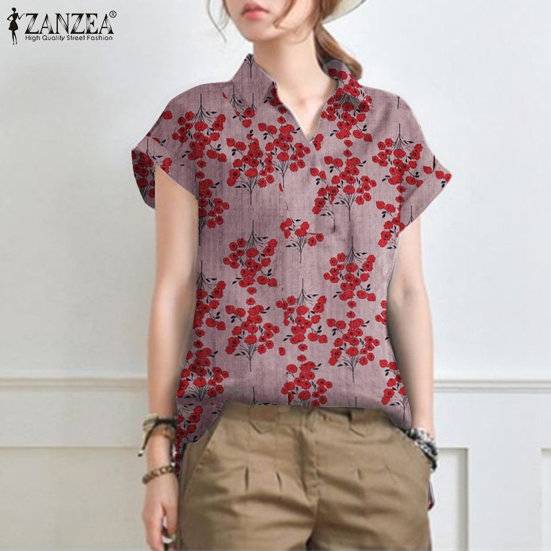 Áo sơ mi ZANZEA tay ngắn họa tiết hoa vintage dành cho nữ