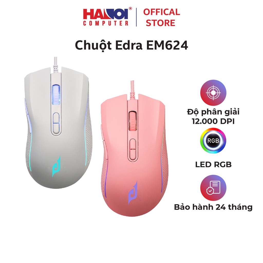 Chuột Edra EM624 Trắng/Hồng kích thước chuột nhỏ gọn với trọng lượng siêu nhẹ