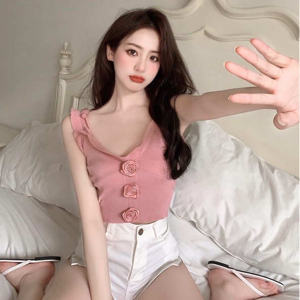 【ZHELIHANGFEI】Áo Sát Nách Dệt Kim Hở Vai Thêu Hoa Hồng Ba Chiều Thời Trang Cho Nữ