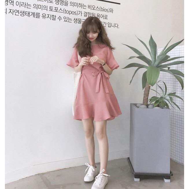 Váy đũi đuôi cá thắt nơ eo hồng/đỏ (mặc được 2 kiểu)