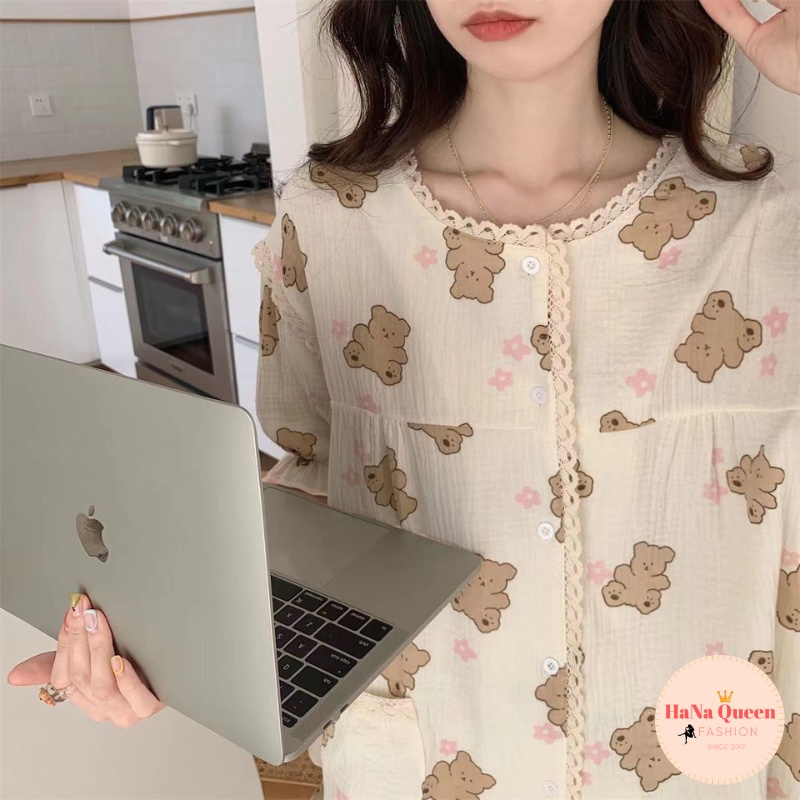 Bộ đồ cộc đùi hoạ tiết gấu phối ren chất muslin cao cấp cực đẹp
