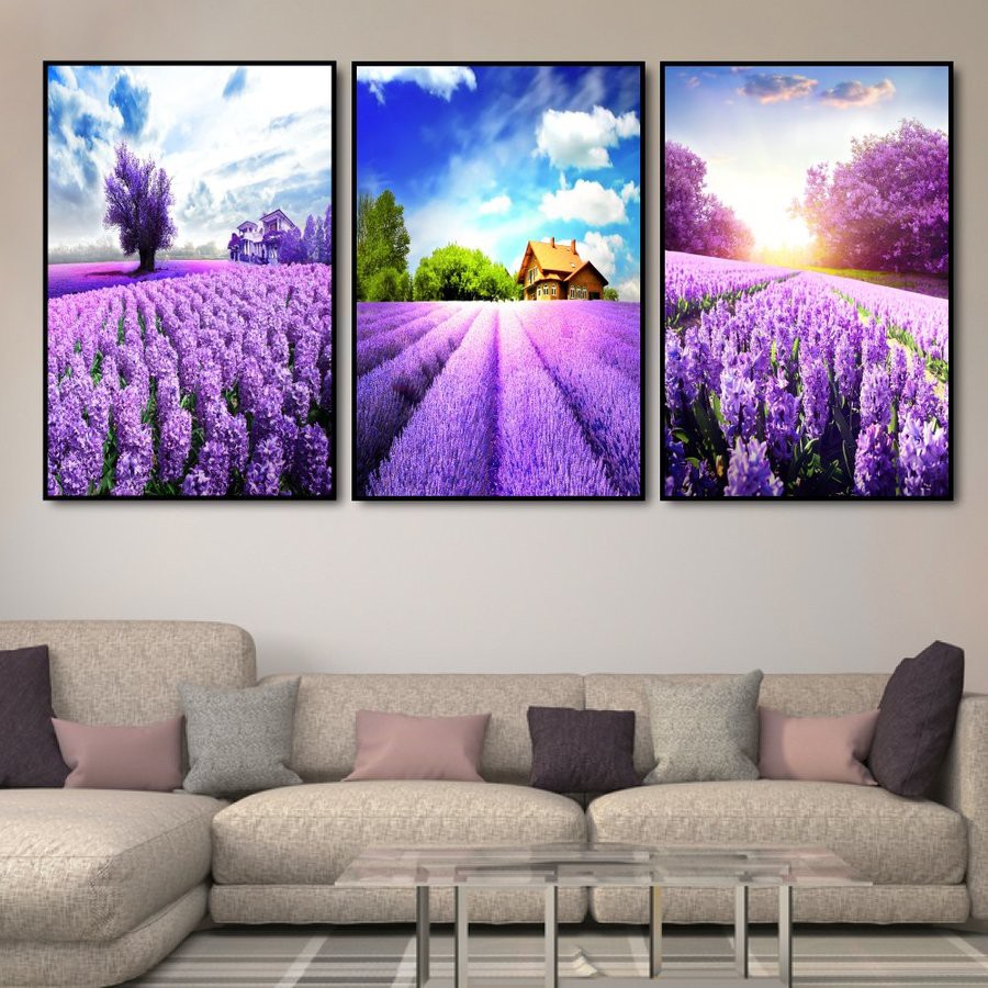 Tranh treo tường canvas phong cảnh cánh đồng sắc tím decor trang trí phòng khách phòng ngủ có khung cao cấp cỡ lớn 40x60