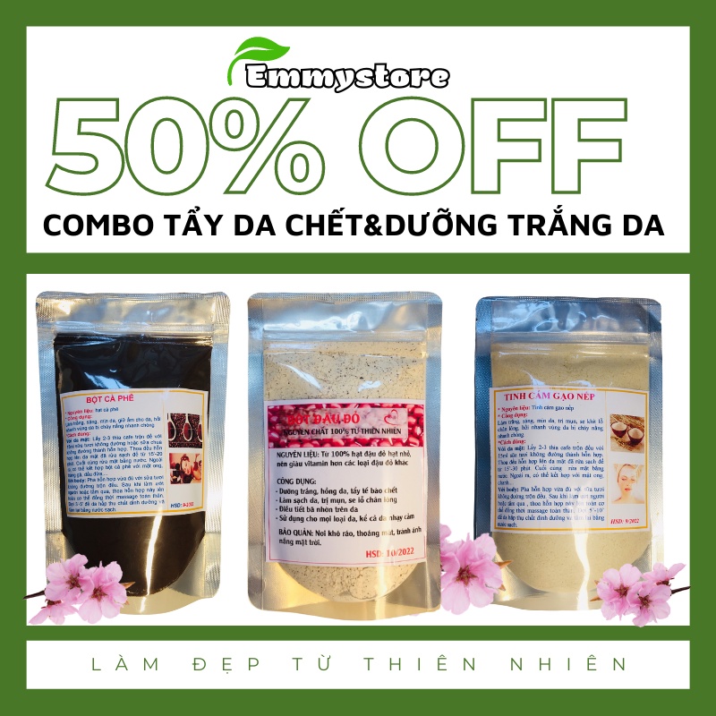 Combo Bột tẩy da chết & tắm trắng da 300gr gồm : đậu đỏ, cà phê, cám gạo nếp Handmade.