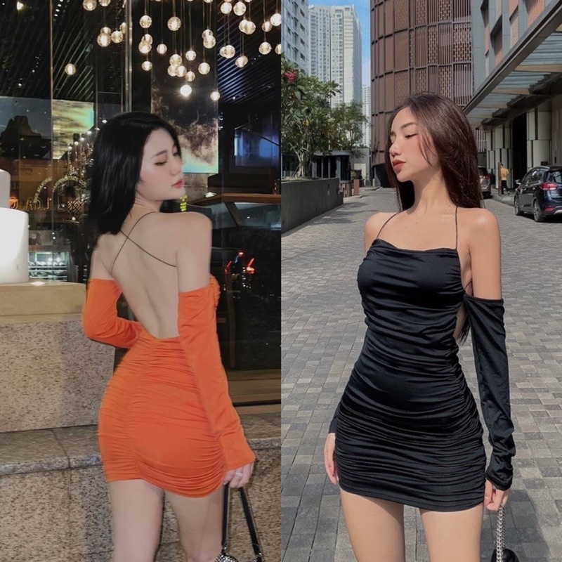 ĐẦM BODY HỞ LƯNG NHÚN TRỄ VAI TAY DÀI ĐAN DÂY CÓ MÚT NGỰC