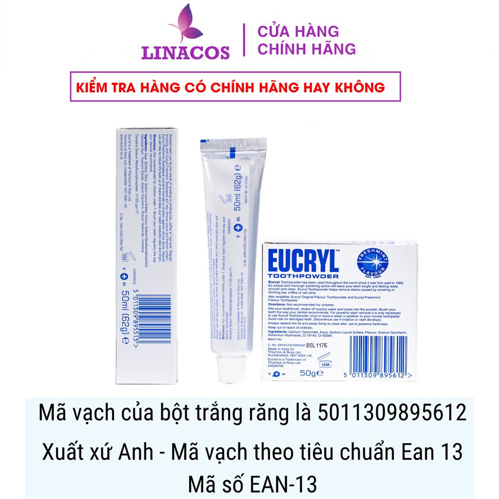 Kem đánh răng, Bột trắng răng Eucryl Toothpowder,  Tẩy trắng răng thơm miệng chính hãng 50g - LINACOS