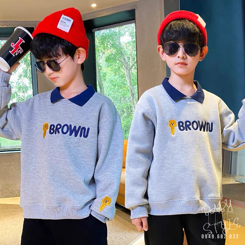 Áo thu đông bé trai, bé gái &quot;BROWN&quot; 14-45kg, Áo nỉ sweater ấm áp cho bé 4-15 tuổi. Vải da cá dày dặn. Hàng may kỹ. G48
