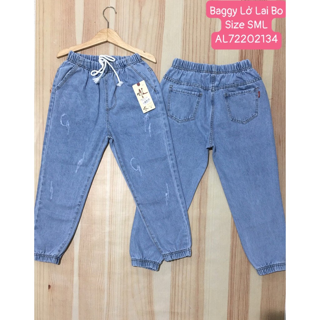 Quần jean baggy cào xước bo lai lưng thun