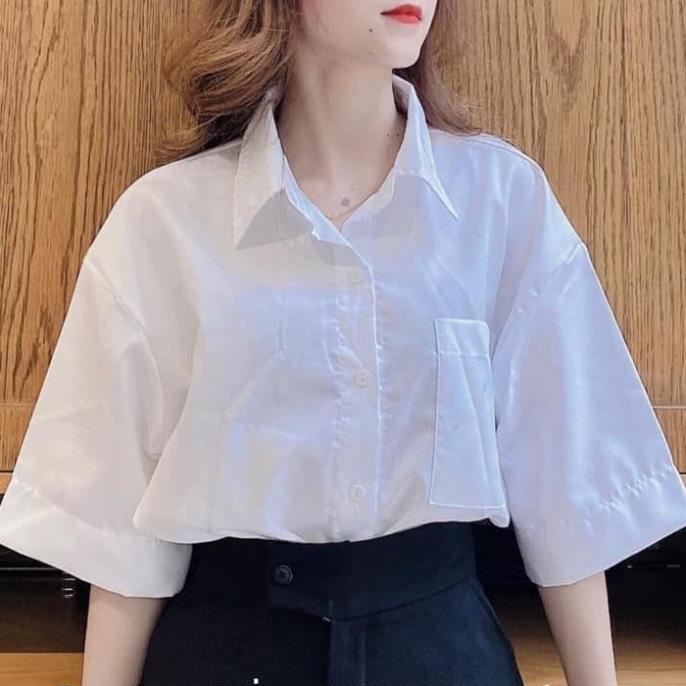 Áo Sơ Mi Trắng Nữ Basic Tay Lỡ Form Rộng Style Học Sinh , Sinh Viên *