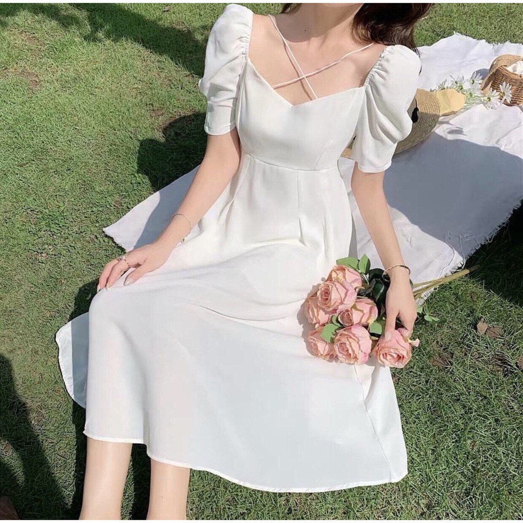 Đầm Xòe Midi Trắng Đan Cổ Có Lót Trong - DX0022