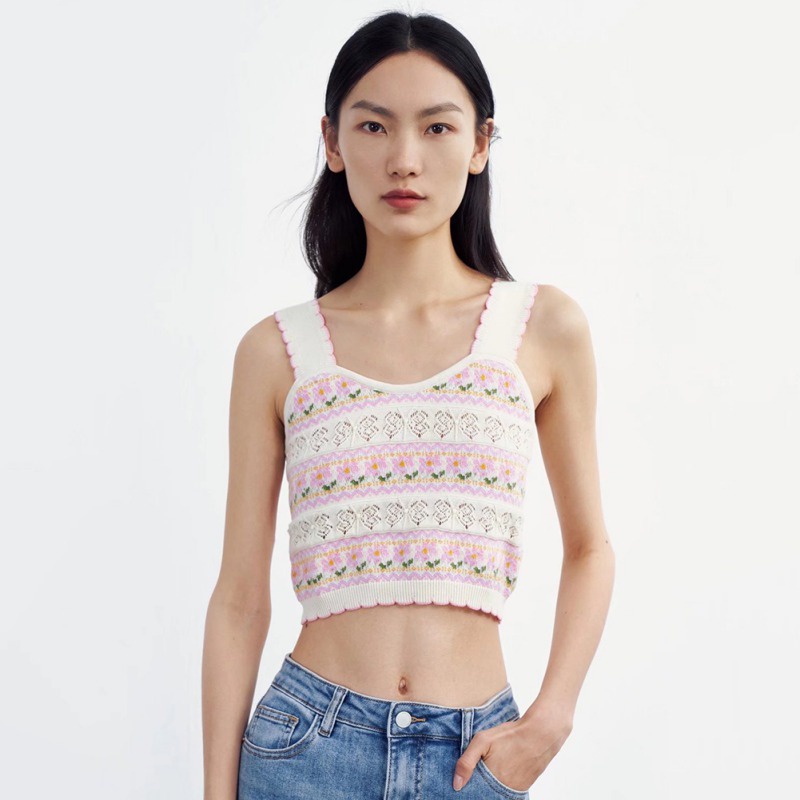 Áo Croptop Dệt Kim Không Tay Họa Tiết Hoa Thời Trang Mùa Hè Hàn Quốc Dành Cho Nữ