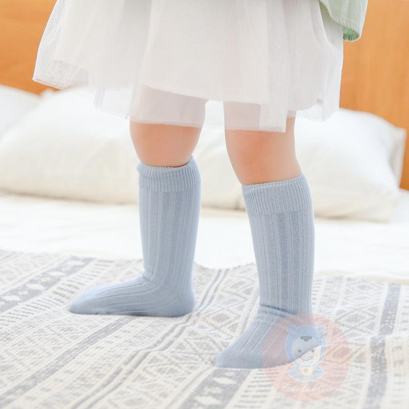 Laa6- Tất Dệt Kim Cao Đến Đầu Gối Không Đường May Màu Trơn Có Gân Dành Cho Bé Tập Đi