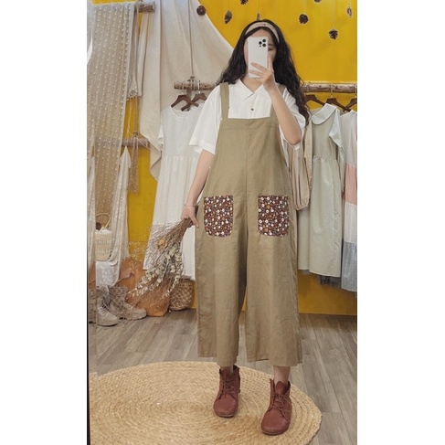 Yếm Linen GÀ VINTAGE phối túi hoa nhí
