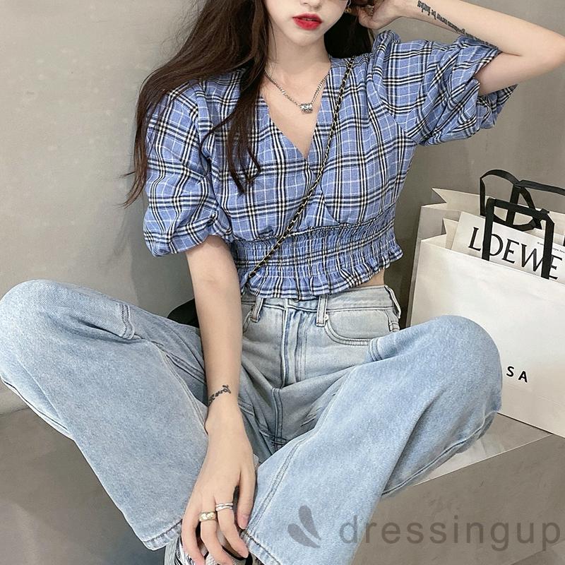 Áo Croptop Tay Lỡ Cổ Chữ V Họa Tiết Ca Rô Thời Trang Dành Cho Nữ