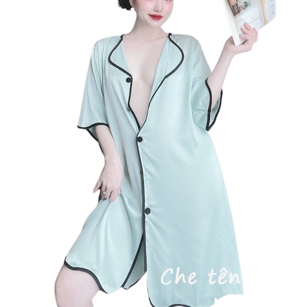 Váy ngủ sexy ❣️Kèm Quần❣️ Đầm Nữ lụa Satin Chất Siêu Mát Dáng Xinh Bộ Mặc Nhà Pijama Cổ Sơ Mi G5