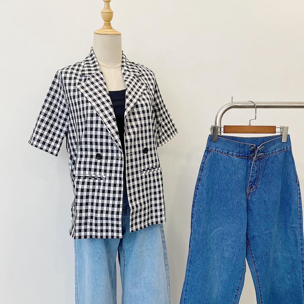 Áo BLAZER nữ TAY NGẮN túi nắp, áo vest khoác ngoài họa tiết caro, áo vest 1 lớp style Hàn Quốc | BigBuy360 - bigbuy360.vn