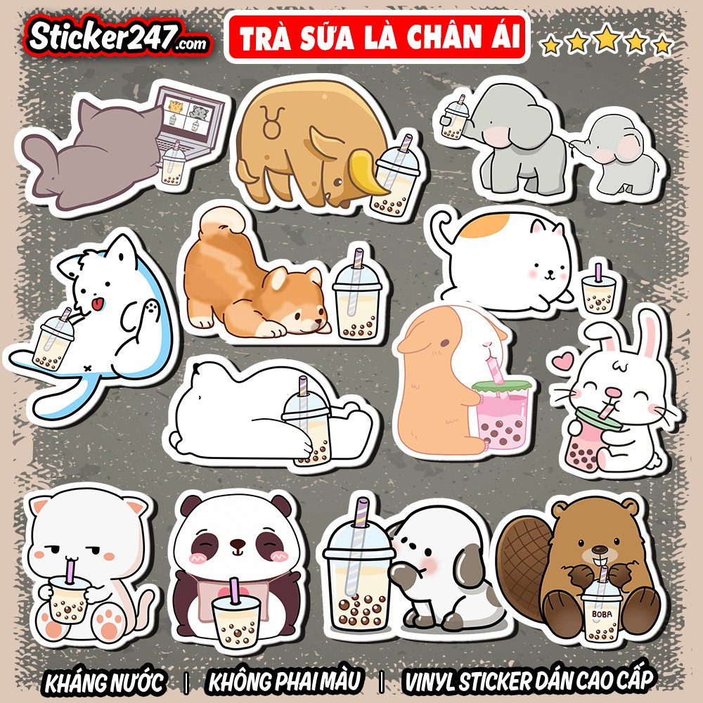 Sticker Cute Animal Uống Trà Sữa 𝑭𝒓𝒆𝒆𝒔𝒉𝒊𝒑 Decal Chống Thấm Nước, Sticker Dán Mũ Bảo Hiểm, Dán Vali, Laptop, Đàn Guitar